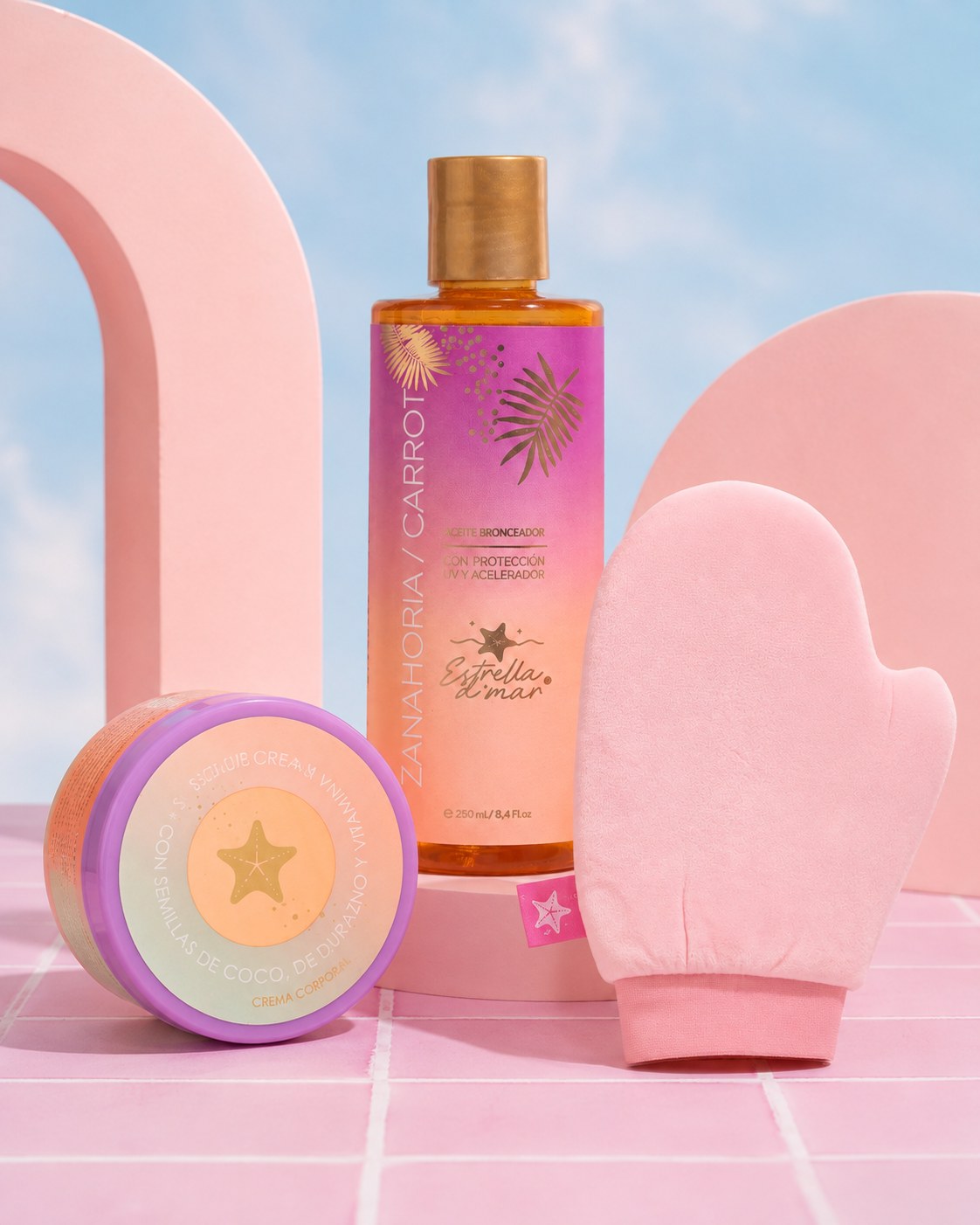 Kit Bronceado Perfecto de Estrella de Mar: bronceador de zanahoria, crema exfoliante y guante